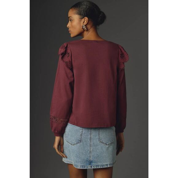 Anthropologie Tiny Burgundy Red Long-Sleeve Crescent Ruffled Lace Top S - Picture 2 of 8